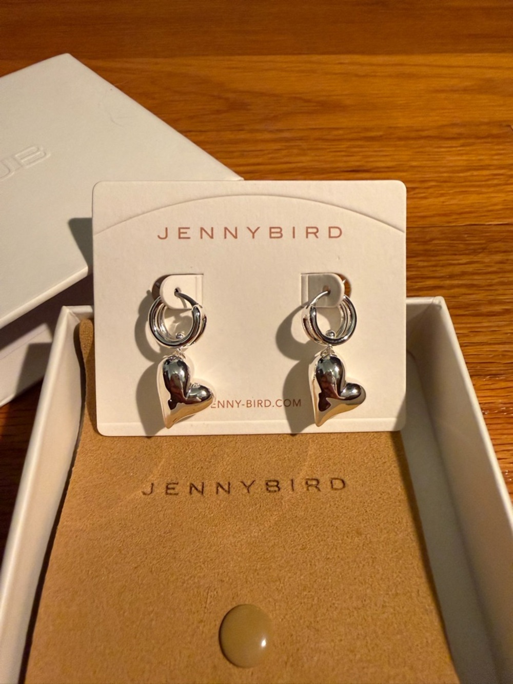 Jenny Bird new in box Polished Silver Heart Drop Hoops